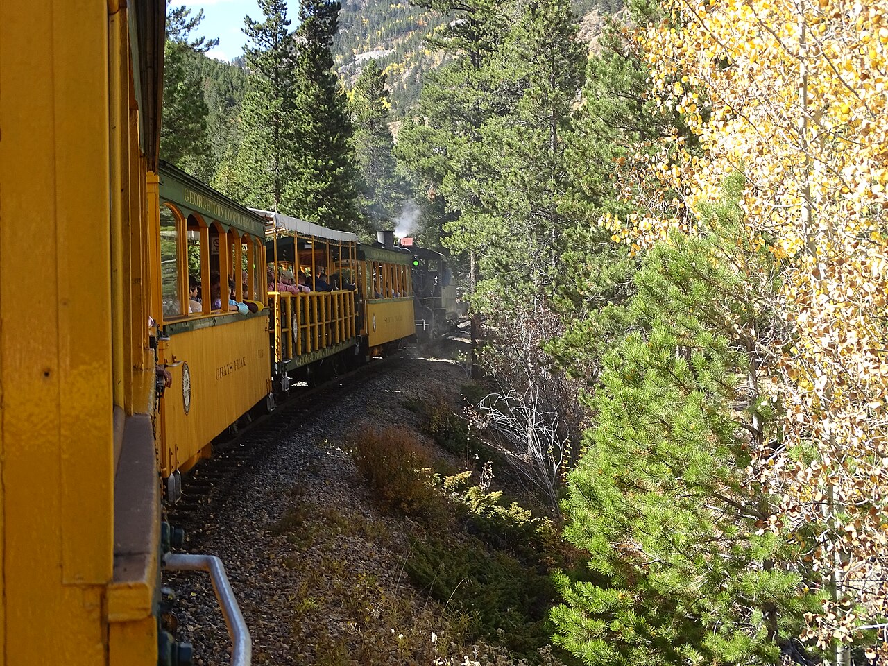 View from the Georgetown Loop Railroad window with autumn trees